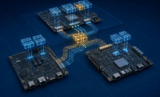 Illustration of three interconnected printed circuit boards with illuminated signal paths representing system-level PCB design.