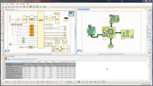 CR-8000 System Planner views of multiple circuit boards partitioned inside their proposed board outlines.