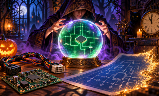 Hooded oracle examines glowing circuitry beside a harness, PCB, pumpkin, and dissolving schematic.
