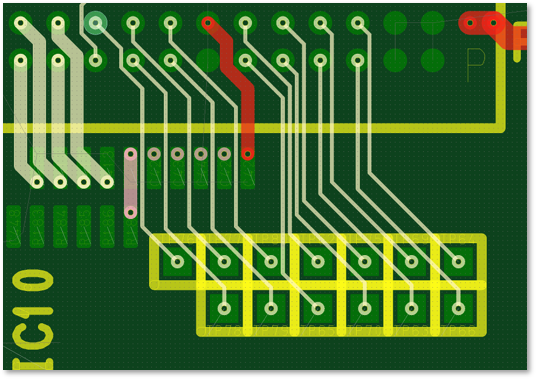 CR-8000 PCB layout showing short-segment routes between component pads using the enhanced Simple Routing function.