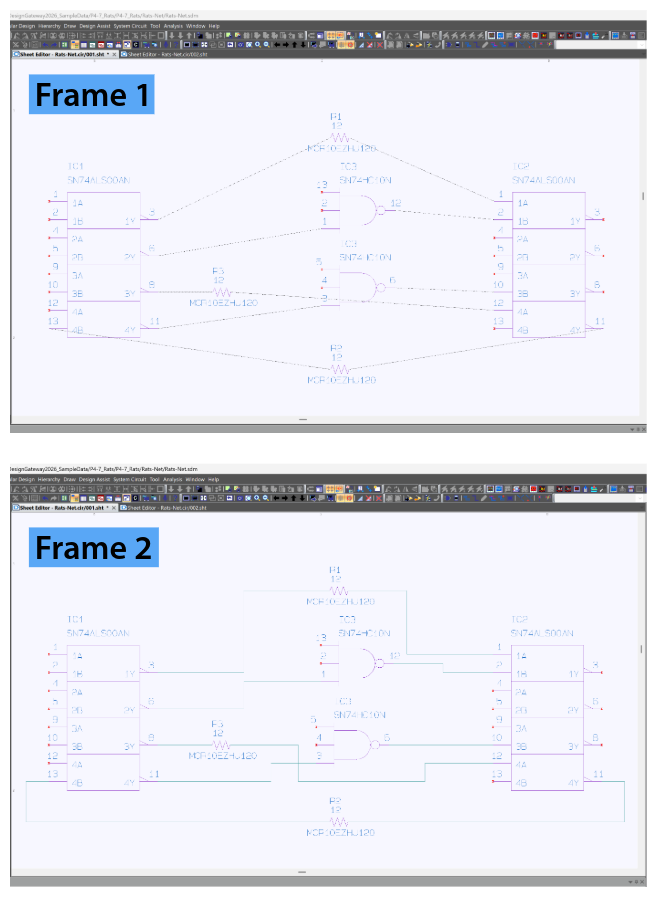 Two-frame schematic comparison showing logical connections established with single clicks, followed by wire routes automatically generated by the software.