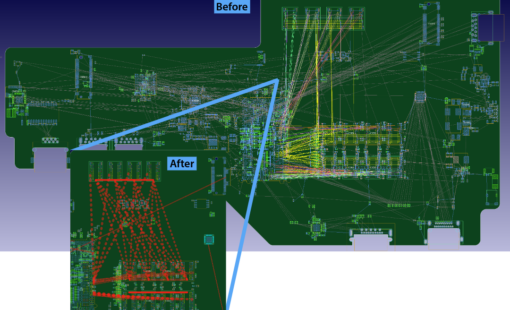 Before-and-after PCB layout views showing dense connection data compared with the simplified Main Path View highlighting primary device connections.