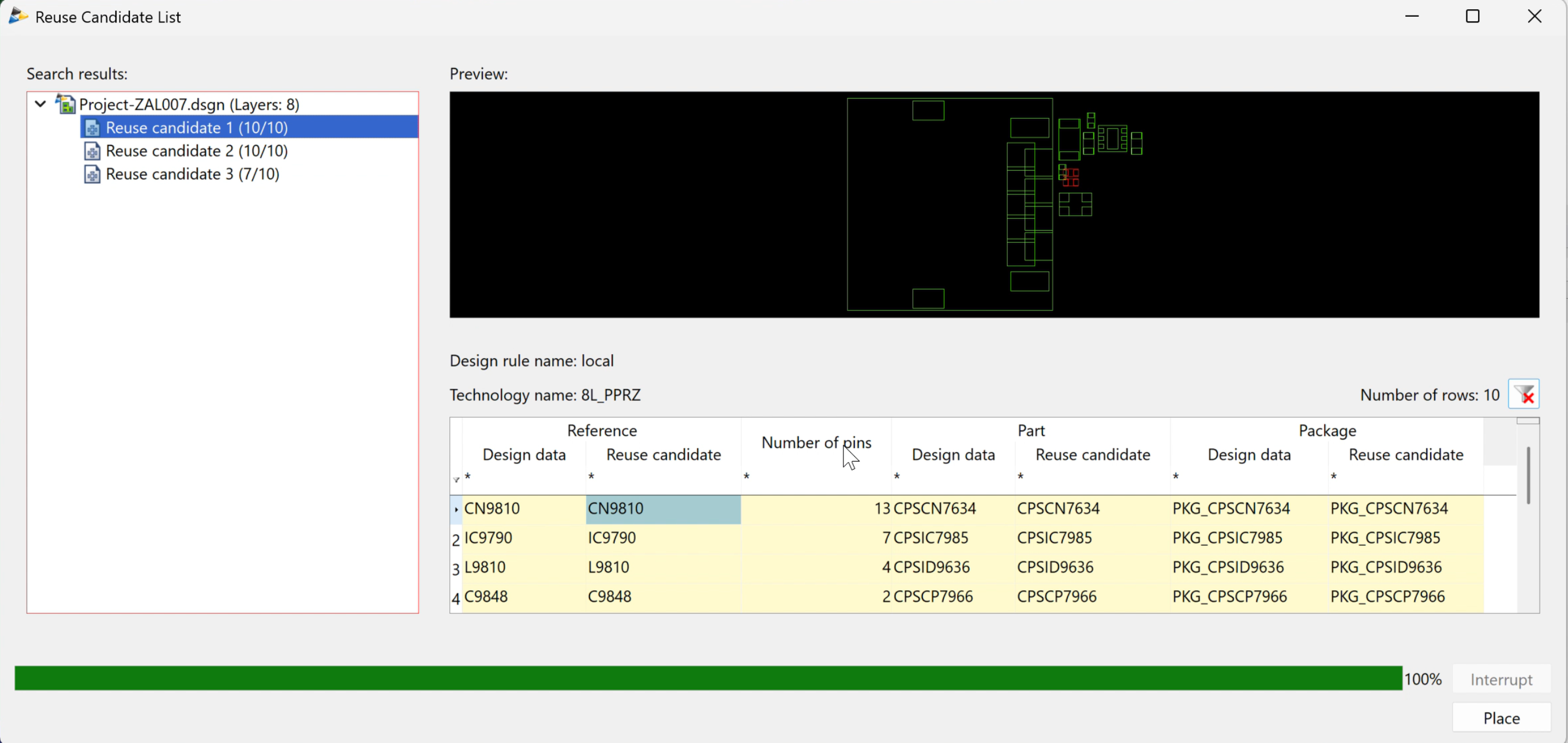 CR-8000 Reuse Candidate List showing three placement candidates with match scores, a PCB preview, and component comparison data.