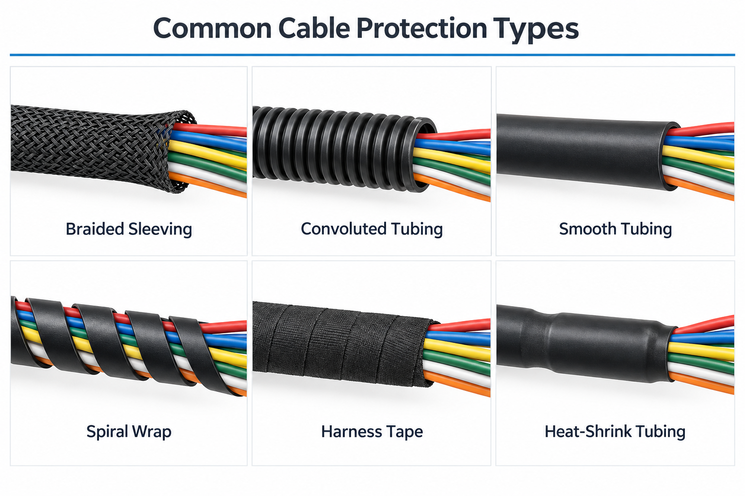 Infographic compares braided sleeving, convoluted tubing, smooth tubing, spiral wrap, tape, and heat-shrink tubing.