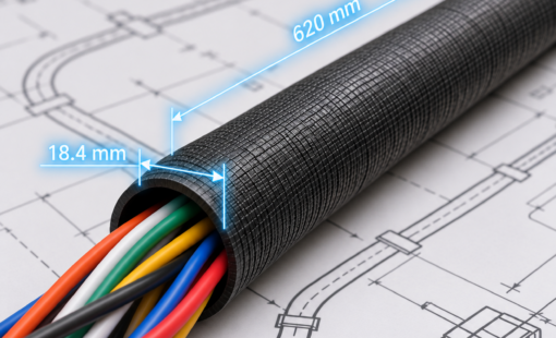 Wire bundle exits a black protective sleeve over a formboard drawing with digital length and diameter measurements.