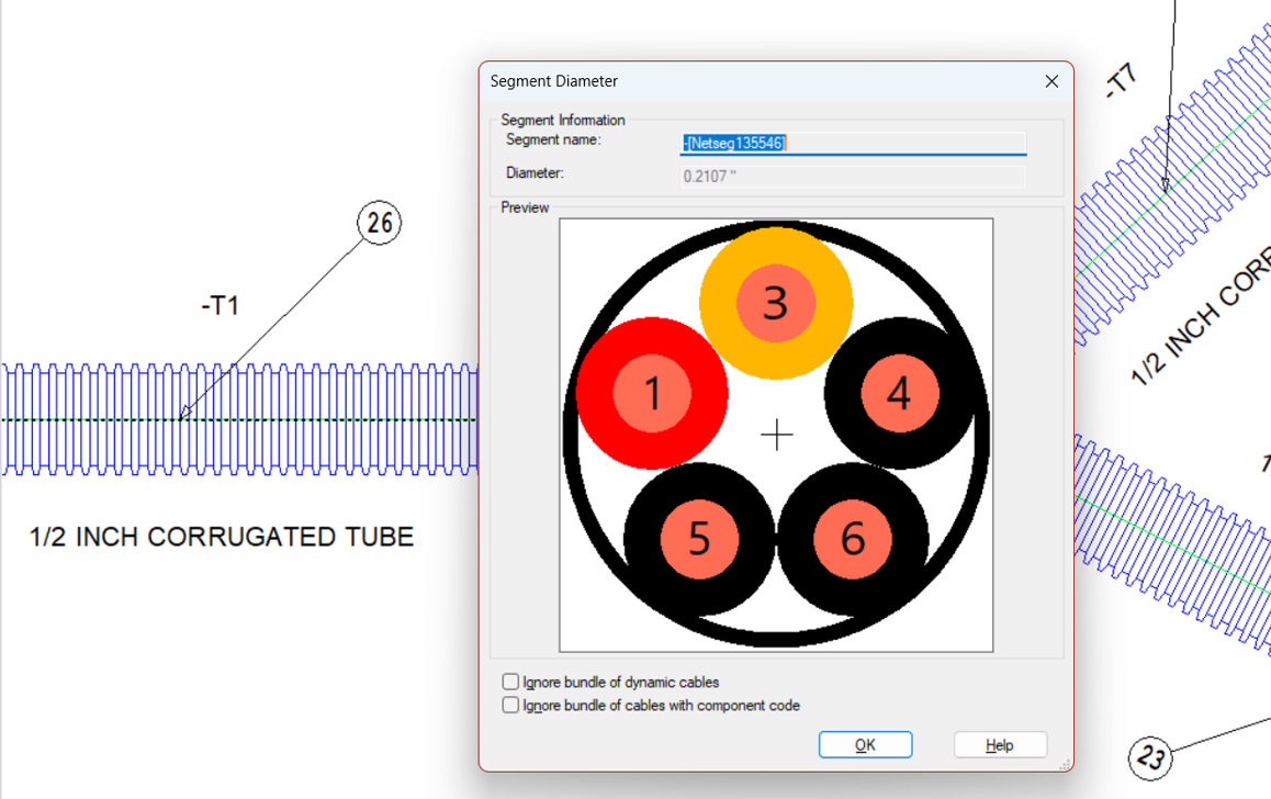 Screenshot of E3.series showing segment diameter overlaid on connections with corrugated tube