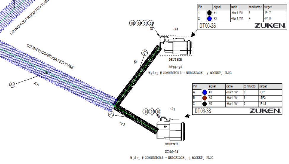 Screenshot of E3.series showing corrugated tube and nylon wrap on formboard drawing